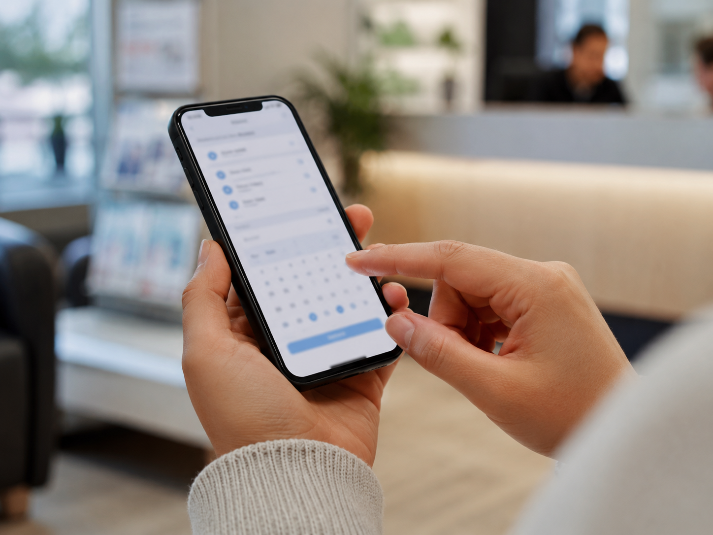 Visitor using a phone to choose a booking time for a service appointment